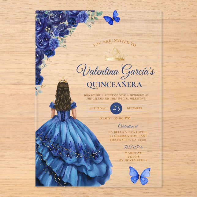 Invitations En Acrylique Fille robe bleue Quinceañera 15 Ans Fleurs Or (Recto)