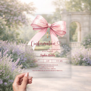 Invitations En Acrylique Fille rose élégante à ruban luxe clair Confirmatio