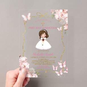 Invitations En Acrylique Fille rose pâle tenant la Bible Première Sainte Co