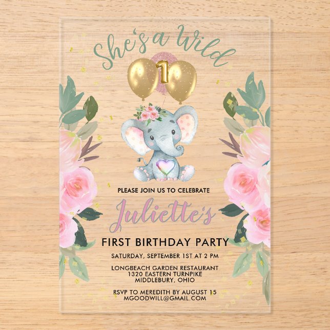 Invitations En Acrylique Fille rose sauvage Eléphant premier anniversaire (Recto)