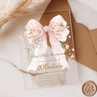 Invitations En Acrylique Fille Ruban Floral Première Communion Solennelle
