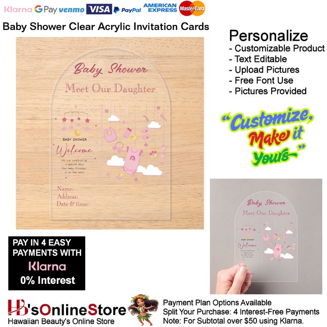 Invitations En Acrylique Filles Baby shower clair Acrylique carte d'invitat (Girl's Baby Shower Birth Party Supplies Celebrate Clear Acrylic Invitations 26.)