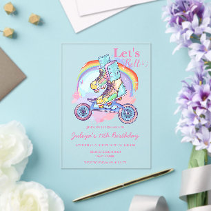 Invitations En Acrylique Filles Roller Patinage rose fête d'anniversaire