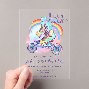Invitations En Acrylique Filles Roller Patinage violet fête d'anniversaire