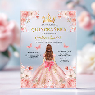 Invitations En Acrylique Fillette de 15 ans Rose Florale Papillon Rose Clai