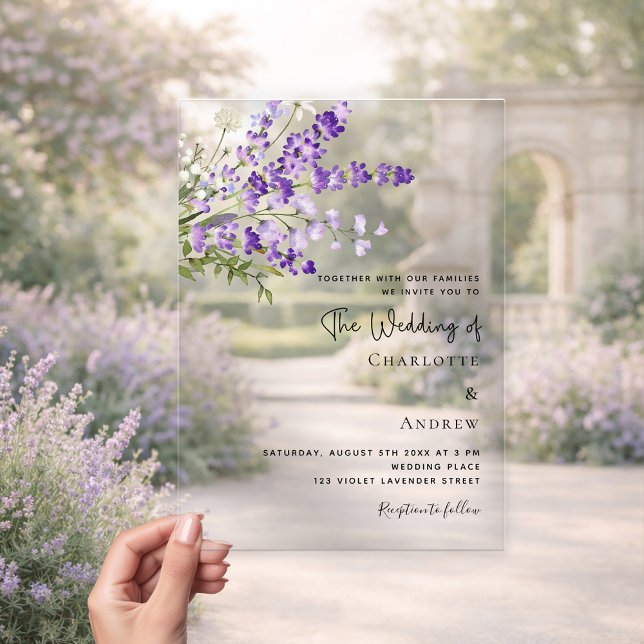 Invitations En Acrylique Fils de lavande violet clair mariage (Créateur téléchargé)
