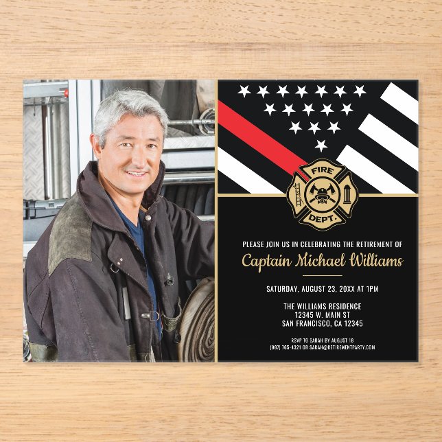 Invitations En Acrylique Fireman Photo Red Line Flag Firefighter Retirement (Recto)