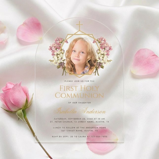 Invitations En Acrylique First Communion Girl Photo Floral Pink Gold Cross  (Créateur téléchargé)