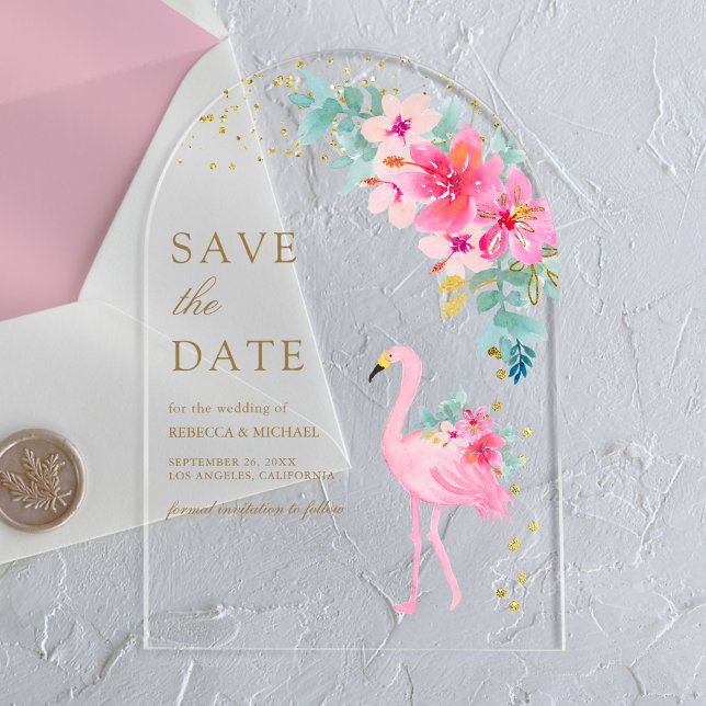 Invitations En Acrylique Flamant rose tropical rose mariage Enregistrer la  (Créateur téléchargé)