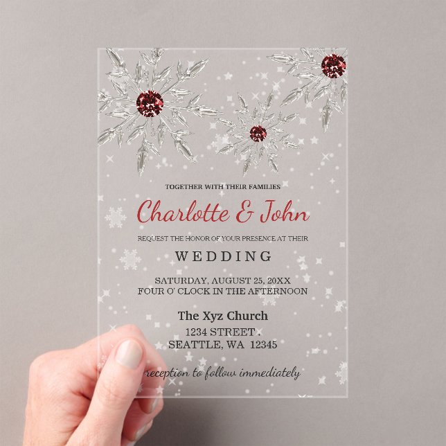 Invitations En Acrylique Flammes de neige rouge argent Mariage d'hiver (In situ (ordinateur de poche))