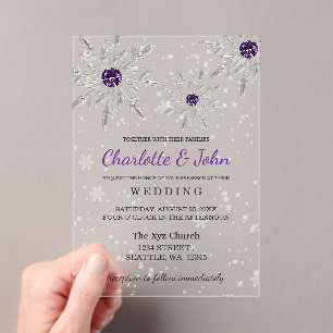 Invitations En Acrylique Flammes de neige violette argentée Mariage d'hiver