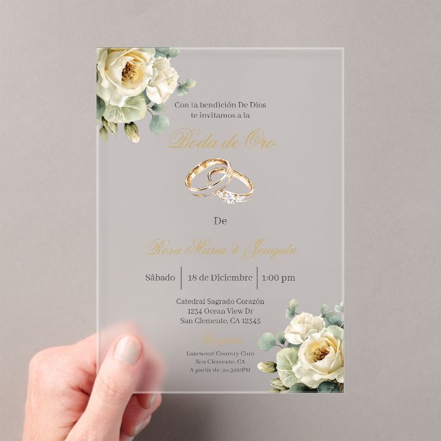 Invitations En Acrylique Fleur beige blanche Mariage d'or modifiable (In situ (ordinateur de poche))
