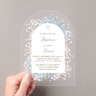 Invitations En Acrylique Fleur de Baby's Breath blanche baptême bleu