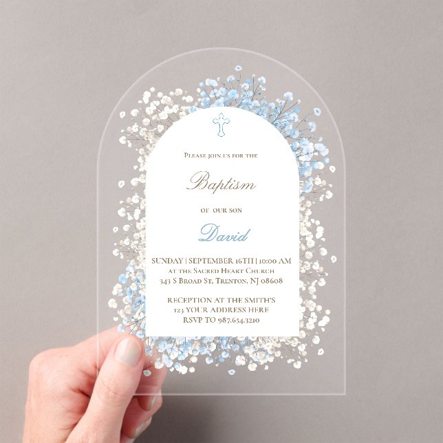 Invitations En Acrylique Fleur de Baby's Breath blanche baptême bleu (In situ (ordinateur de poche))