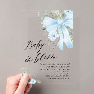 Invitations En Acrylique Fleur de bébé au ruban bleu pour la Baby Shower Fl