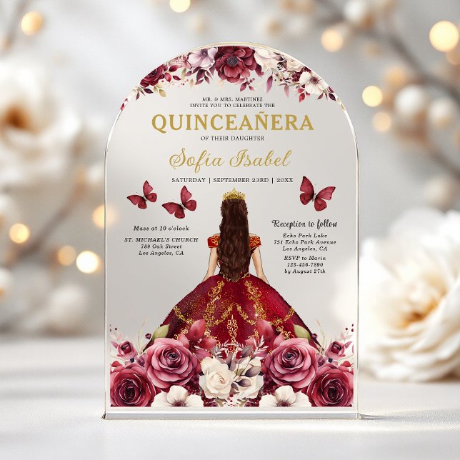 Invitations En Acrylique Fleur de Bourgogne Papillon Princesse Quinceanera (Créateur téléchargé)