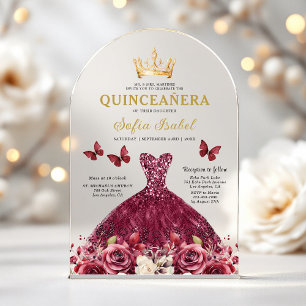 Invitations En Acrylique Fleur de Bourgogne Papillon Princesse Quinceanera