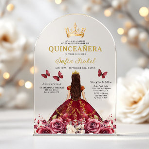 Invitations En Acrylique Fleur de Bourgogne Papillon Princesse Quinceanera
