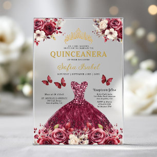 Invitations En Acrylique Fleur de Bourgogne Papillon Princesse Quinceanera