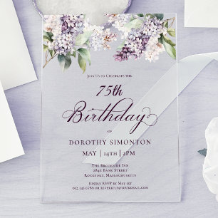 Invitations En Acrylique Fleur de lilas violet pour 75e anniversaire