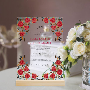 Invitations En Acrylique Fleur de mariage Rose Rouge Dorée Élégante Poussié