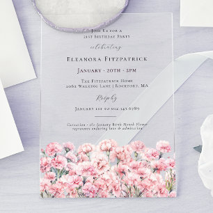 Invitations En Acrylique Fleur de naissance d'œillet rose pour anniversaire