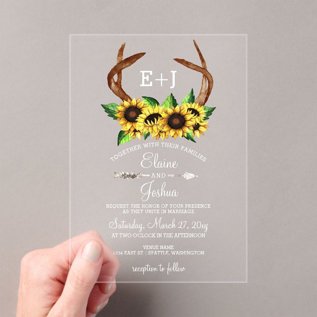 Invitations En Acrylique Fleur de soleil en fleurs Antlers Pays Chic Mariag (In situ (ordinateur de poche))
