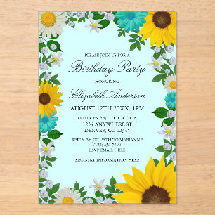 Invitations En Acrylique Fleur de soleil rustique Daisy Floral Anniversaire
