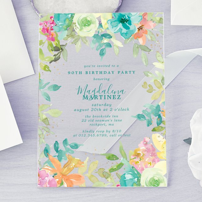 Invitations En Acrylique Fleur d'été aquarelle 90e Anniversaire Clair (Créateur téléchargé)