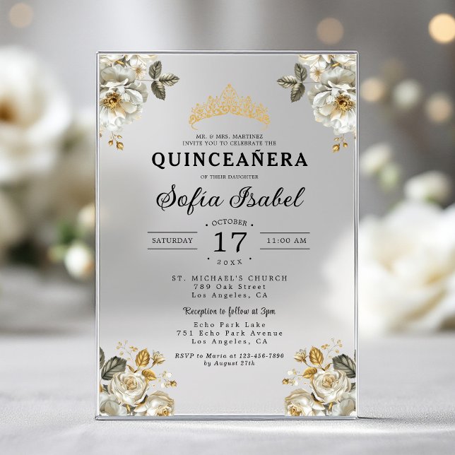 Invitations En Acrylique Fleur d'Or Blanc Princesse Quinceanera (Créateur téléchargé)
