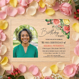 Invitations En Acrylique Fleur élégante avec photo pour la fête des 66 ans