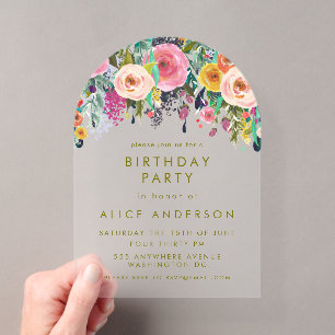 Invitations En Acrylique Fleur Élégante Peinte Anniversaire Clair