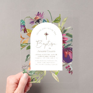 Invitations En Acrylique Fleur moderne de Bourgogne, élégant baptême en or