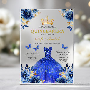 Invitations En Acrylique Fleur Royale Papillon Bleu Princesse Quinceanera