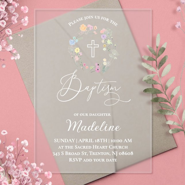 Invitations En Acrylique fleur sauvage | Baptême petite fille (Créateur téléchargé)