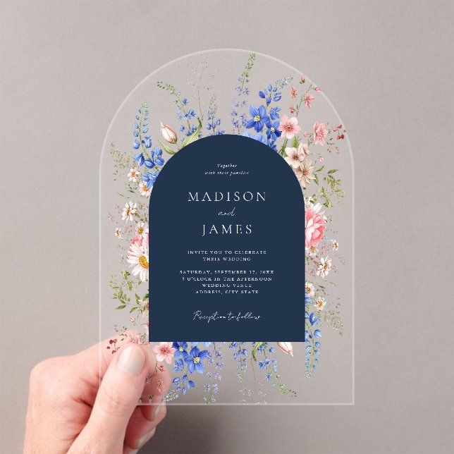 Invitations En Acrylique Fleur sauvage bleu marine Mariage floral (In situ (ordinateur de poche))