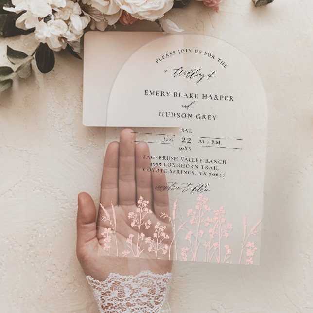 Invitations En Acrylique Fleur sauvage Blush rose moderne Arche Mariage cla (clear wedding invitation acrylic boho arch wildflowers sketch pink blush garden modern calligraphy)
