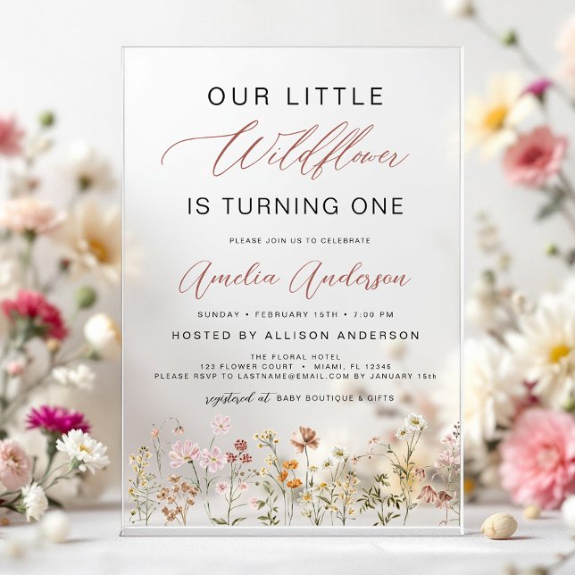 Invitations En Acrylique Fleur Sauvage Boho Premier 1er Anniversaire Jardin (Créateur téléchargé)