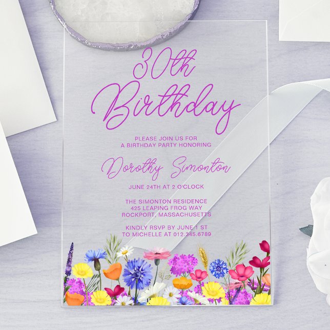Invitations En Acrylique fleur sauvage Boho violet de fête du 30e anniversa (Créateur téléchargé)