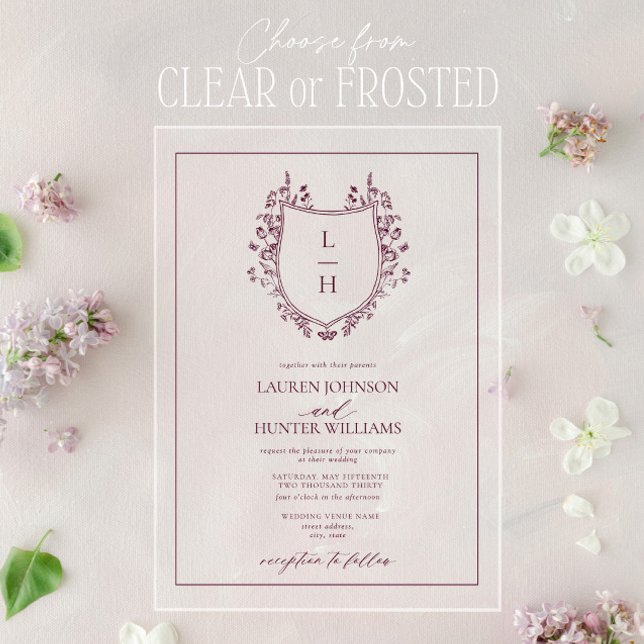 Invitations En Acrylique Fleur sauvage classique de Bourgogne Monogram Cres (Créateur téléchargé)