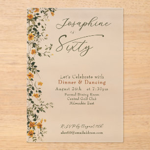 Invitations En Acrylique Fleur Sauvage Dorée Élégante Nommée Soixantième An