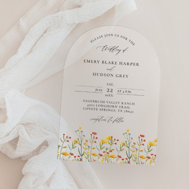 Invitations En Acrylique Fleur sauvage élégant Arc moderne clair Mariage (clear wedding invitation acrylic boho arch wildflowers colorful happy garden modern calligraphy)