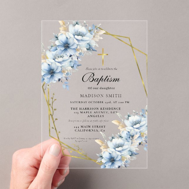 Invitations En Acrylique Fleur sauvage élégant Dusty Blue Garden Baptême (In situ (ordinateur de poche))