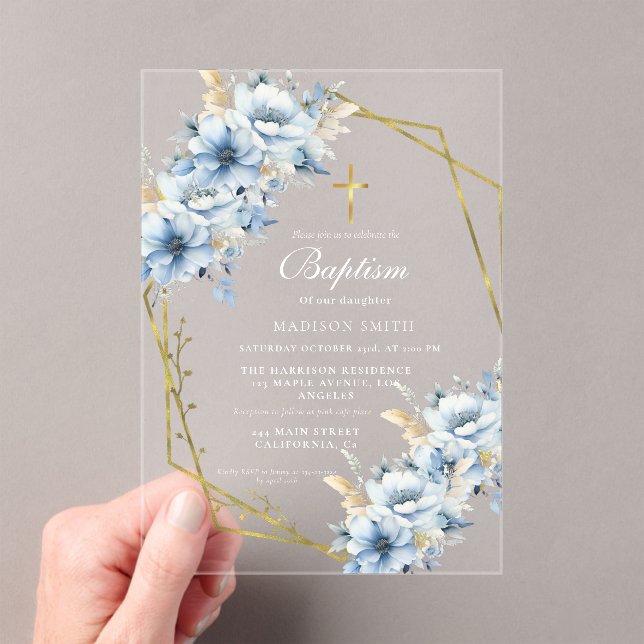 Invitations En Acrylique Fleur sauvage élégant Dusty Blue Garden Baptême (In situ (ordinateur de poche))