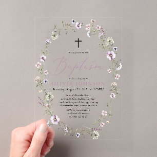 Invitations En Acrylique Fleur Sauvage Fleur Violette Baptême Fille