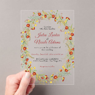 Invitations En Acrylique Fleur sauvage Jaune Marigold Mariage de feuillage