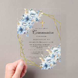 Invitations En Acrylique Fleur sauvage or bleu poussiéreux Première Sainte 