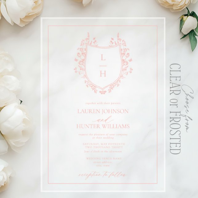 Invitations En Acrylique Fleur sauvage rose classique Monogram Crest Mariag (Créateur téléchargé)
