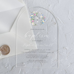 Invitations En Acrylique Fleur sauvage Silver Cross White Script Baptême