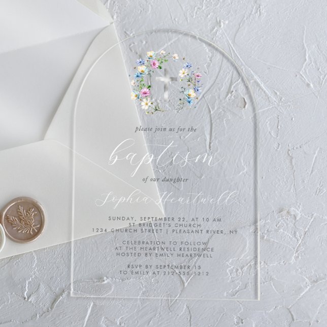 Invitations En Acrylique Fleur sauvage Silver Cross White Script Baptême (Créateur téléchargé)
